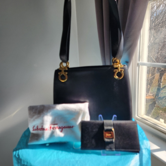 Salvatore Ferragamo Handbags - Salvatore Ferragamo Black Gancini Bag, Ferragamo Vara wallet 4 Pc Set set w/COA